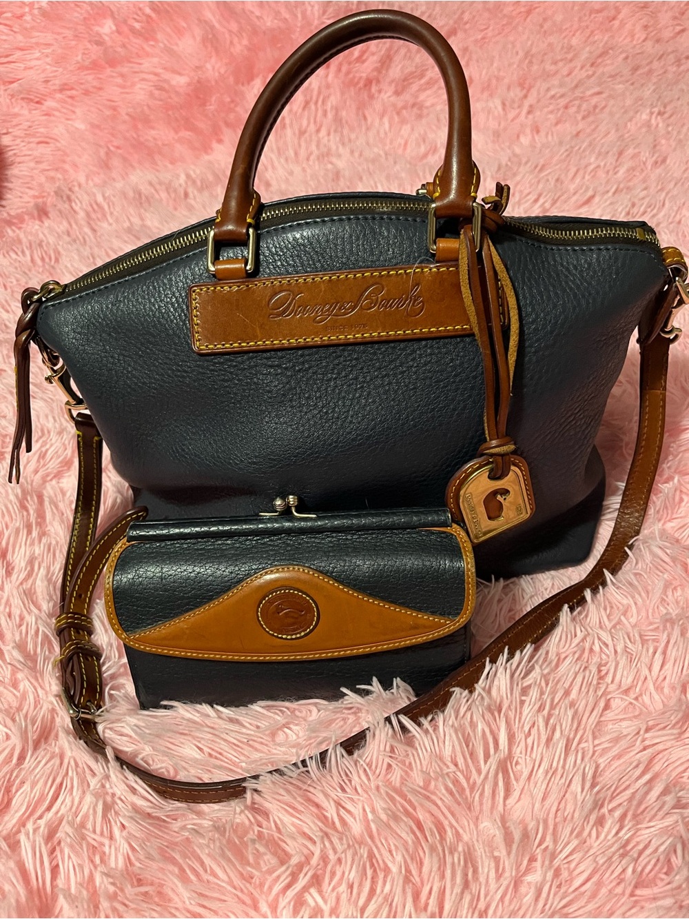 Dooney & Bourke navy and Brown Leather Satchel with Wallet